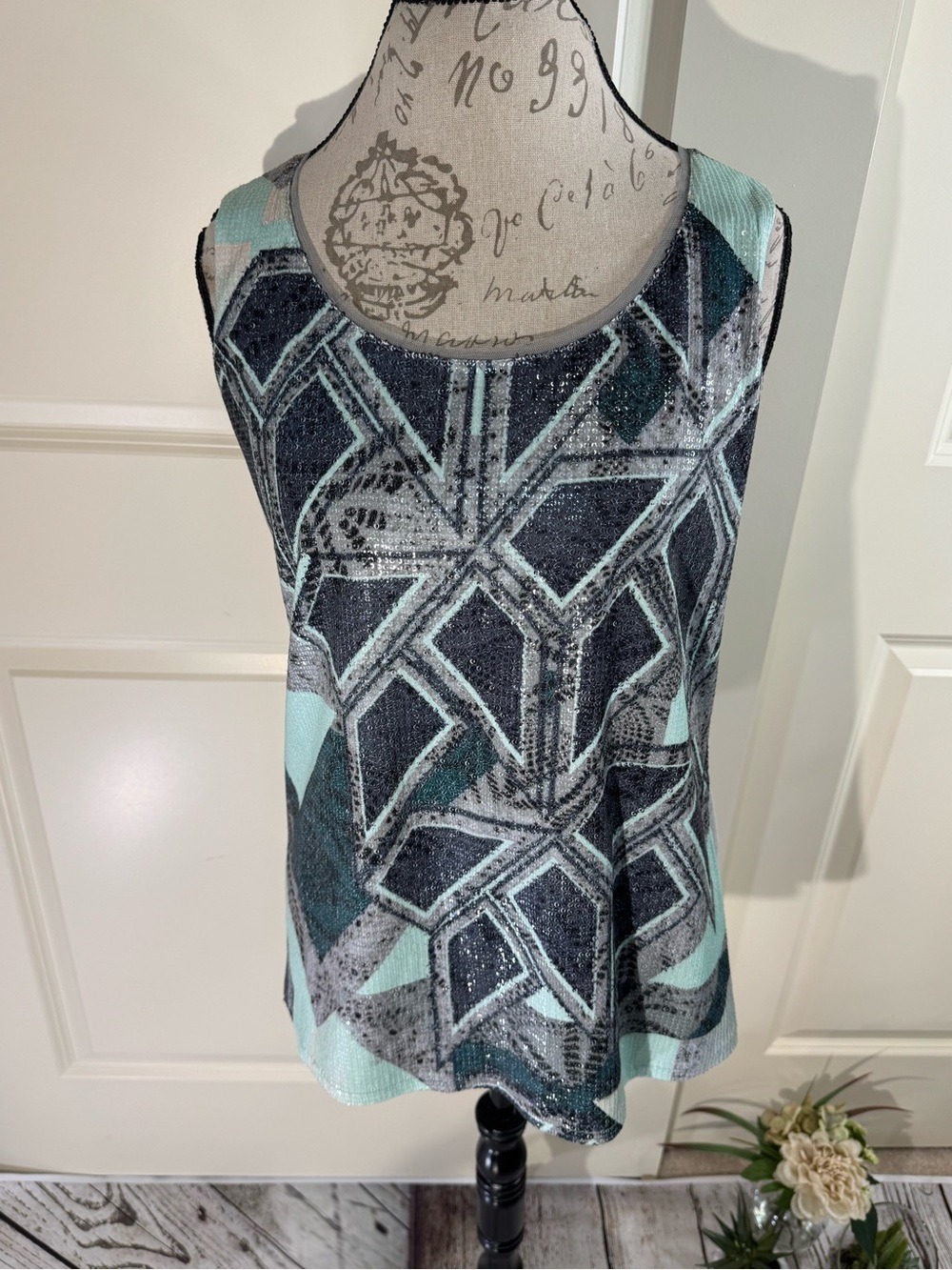 Coldwater Creek Sequin Geometric Tank Top Green Gray Size M(10-12)